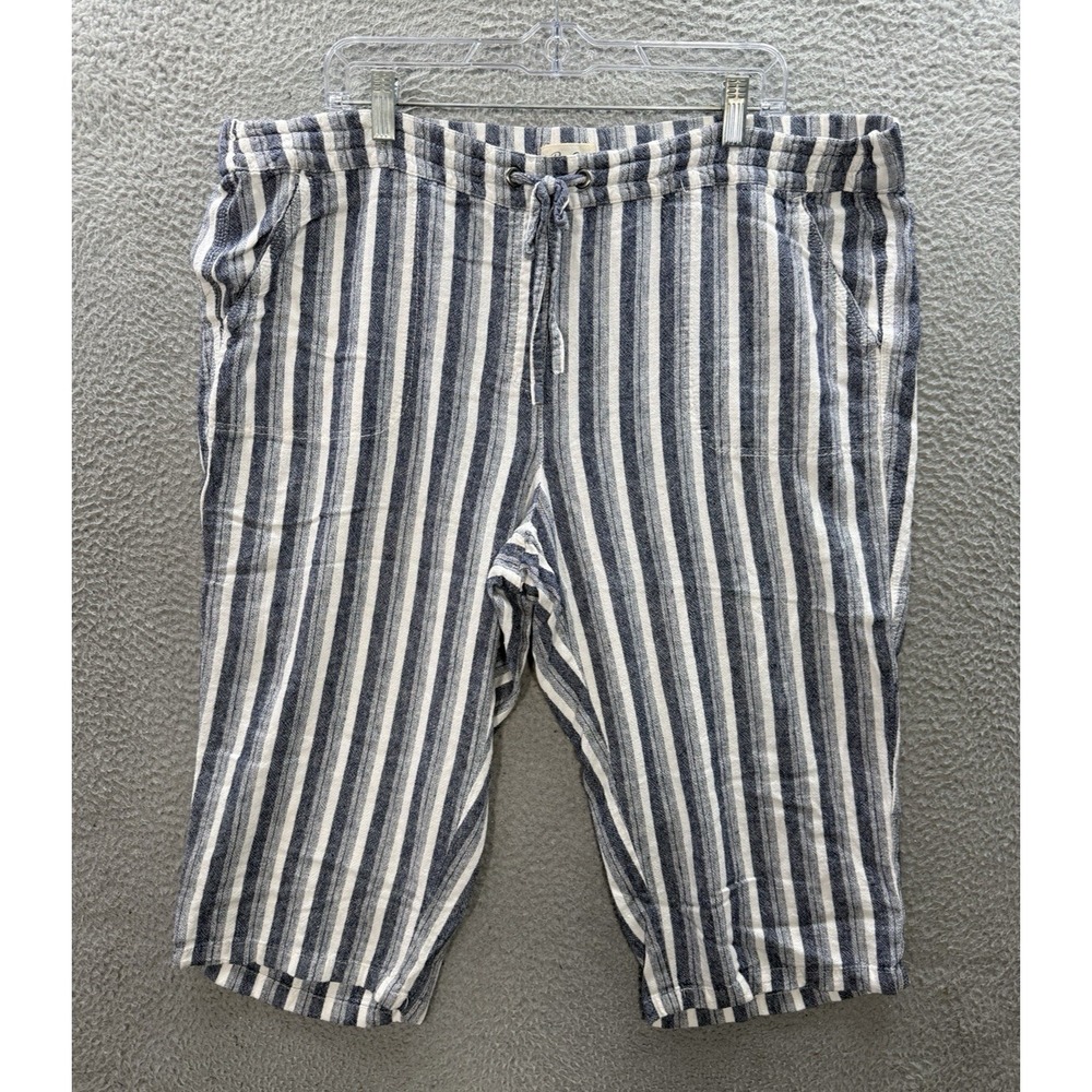 Per Se Pants Womens 2X Blue White Striped Linen Blend Capri Nautical Coastal